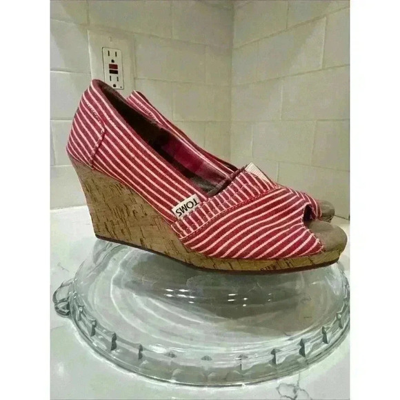 Women's Toms Heels Slip-on Wedges Peep Toe Canvas Red/White Stripes Size 6 - Picture 8 of 15